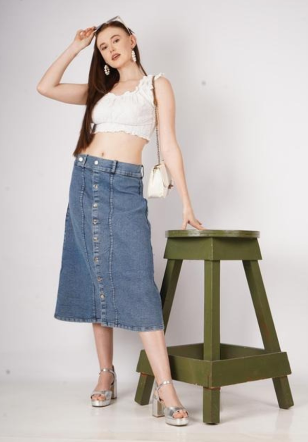 Button-Front Denim Midi Skirt, Classic Blue Jean Skirt