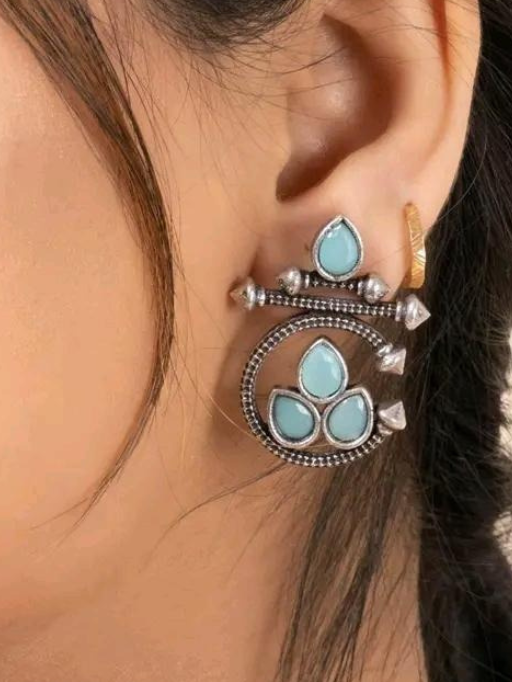 Stylish Oxidized Silver Turquoise Stone Ear Jacket Earrings – Trendy Bohemian Party Wear Earrings for Girls & Women