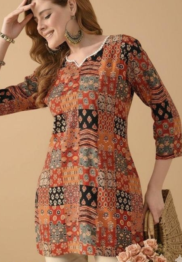 Printed Patchwork Straight Kurti - 3/4 Sleeve V-Neck Tunic Top