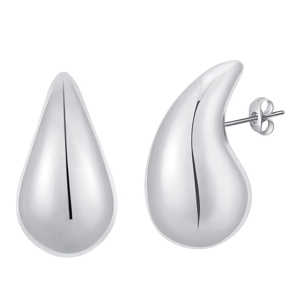 Women’s Glossy Silver Drop Earrings – Modern Chunky Statement Stud Jewelry