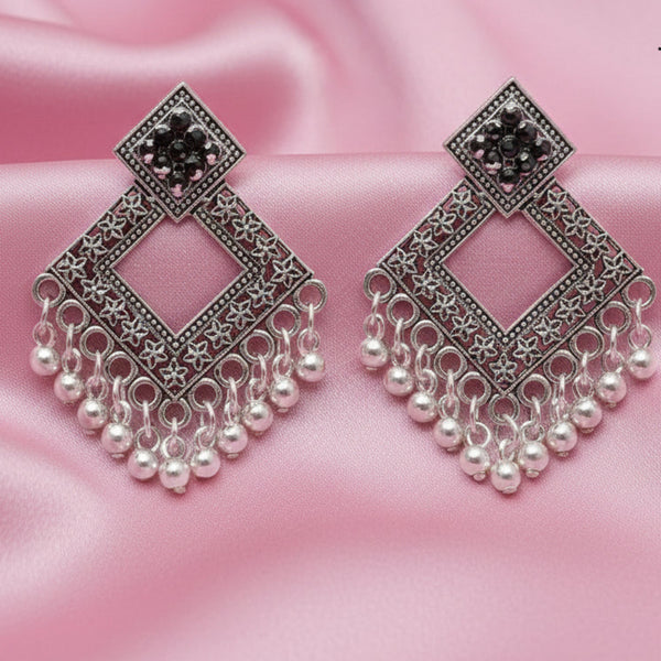 Oxidized silver square dangler earrings with ghungroo beads for women, perfect for ethnic, festive, and boho wear.