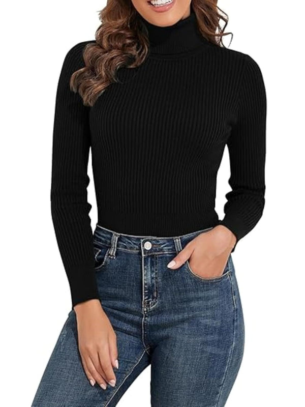 Classic Black Ribbed Turtleneck Knit Top – Long Sleeve Slim Fit Sweater for Women