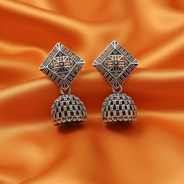 Vintage Oxidized Silver Square Pattern Jhumka Earrings with Carved Dome for Women.