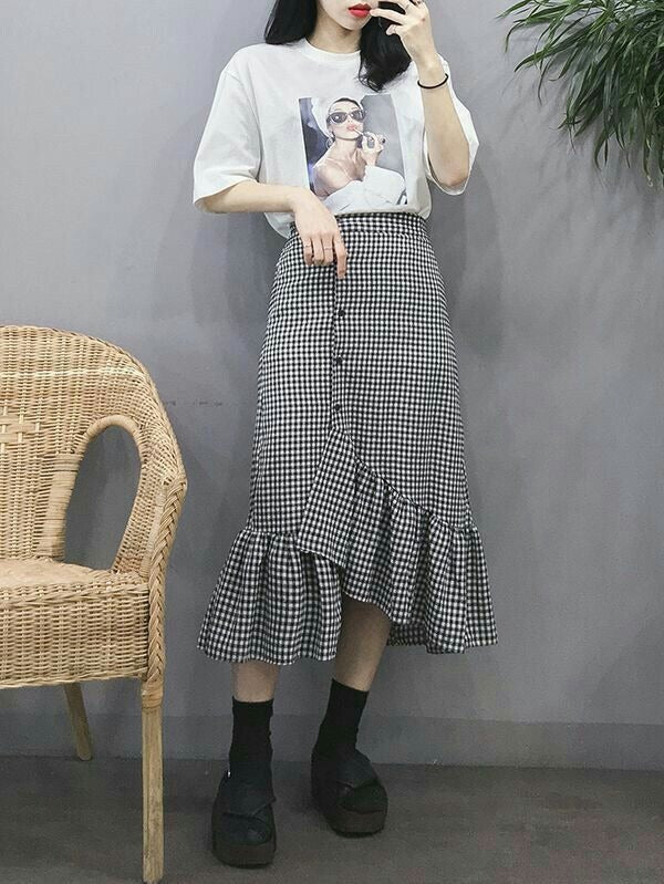 Black White Checkered Midi Skirt, Ruffled Flare Hem, Vintage Chic