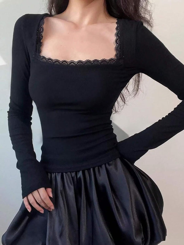 Black Elegant Ribbed Knit Top – Lace Square Neck Slim Fit Long Sleeve Top for Women