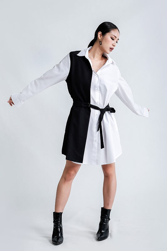 Trendy Dual-Tone Black and White Shirt Dress – Stylish Belted Tunic Dress for Women