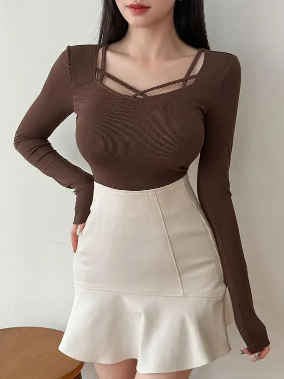 Elegant Brown Criss-Cross Front Ribbed Knit Top – Slim Fit Long Sleeve Stylish Top for Women