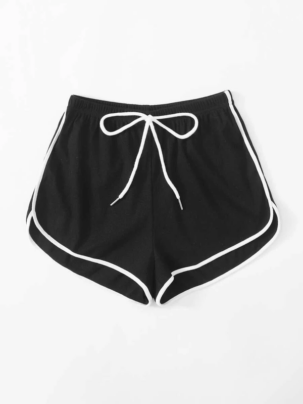 Drawstring Dolphin Shorts, Black with White Piping - Athletic & Everyday Wear for Women