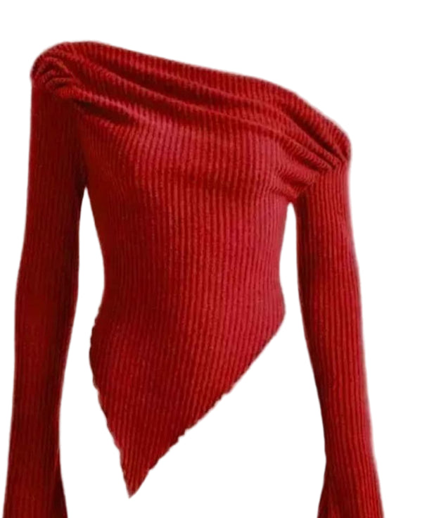 Women’s Elegant One-Shoulder Ribbed Knit Top – Asymmetrical Long Sleeve Top for Date Night & Party Look