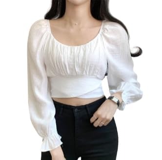 Elegant White Puff Sleeve Crop Top – Ruched Square Neck Slim Fit Top for Women