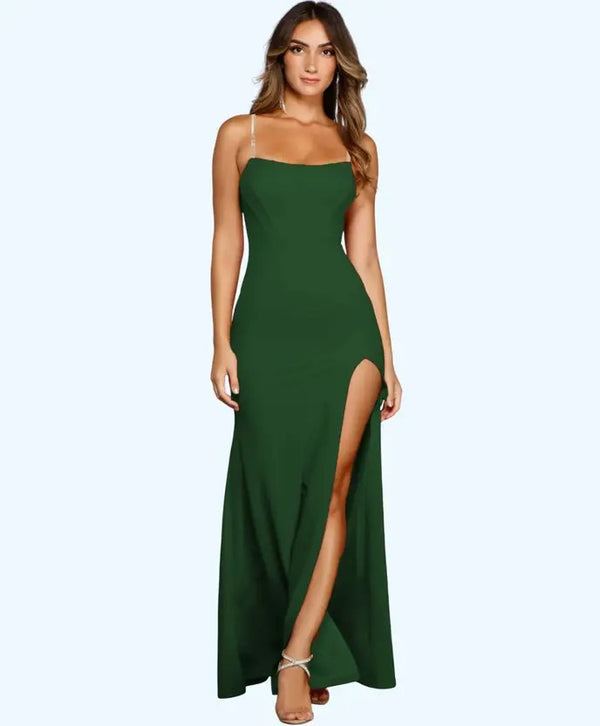 Chic Green Split Maxi Dress for Women – Spaghetti Strap, Elegant Evening Gown, Prom & Special Occasion Outfit