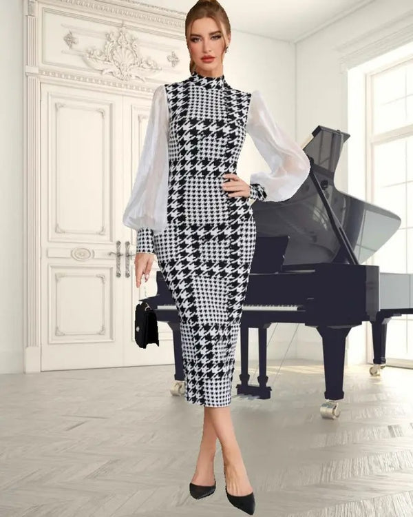 Elegant Black & White Houndstooth Bodycon Midi Dress – Sheer Puff Sleeve High Neck Dress for Women