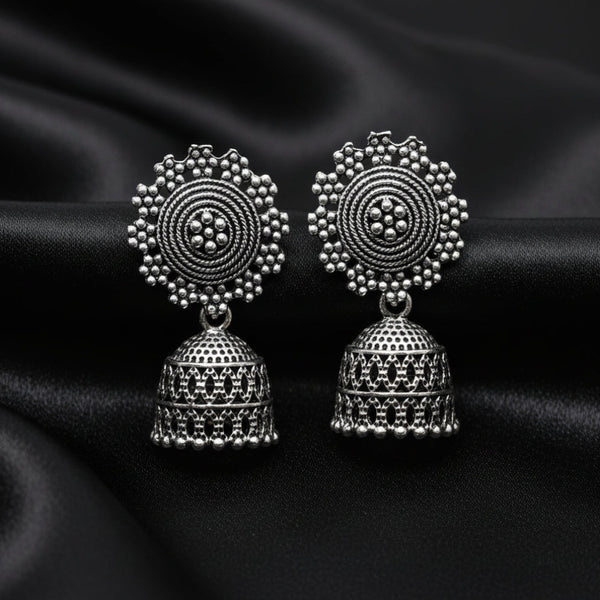 Antique Oxidized Silver Jhumki Earrings for Women featuring Carved Round Stud and Detailed Dome.