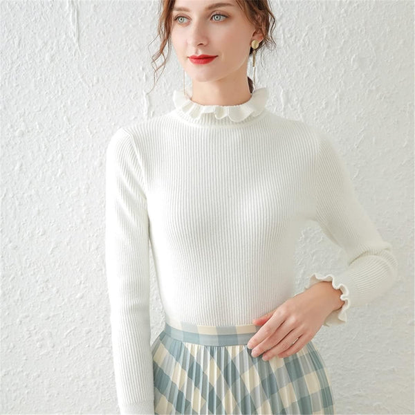 Elegant White Ruffled Mock Neck Ribbed Knit Top – Long Sleeve Slim Fit Sweater for Women