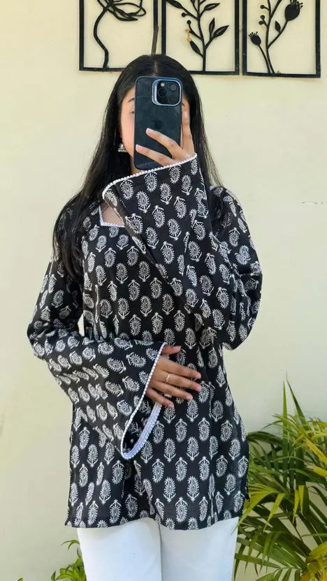 Stylish Cotton, Printed ,Long Sleeve, Square Neck Tunic Kurti  For Women