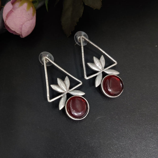Women’s Geometric Triangle Silver Drop Earrings with Red Stone – Stylish Oxidized Floral Dangle Earrings for Party & Ethnic Wear
