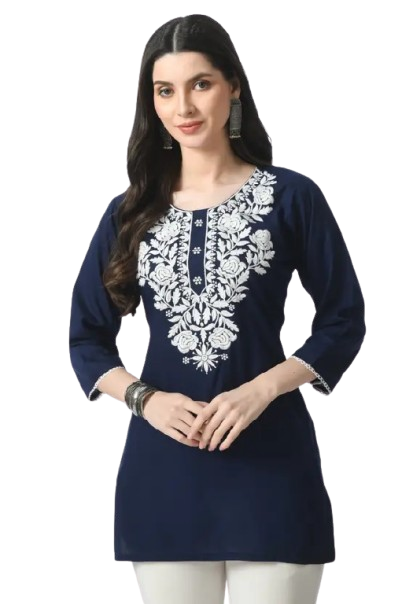 Women Navy Blue Embroidered Chikankari Straight Kurti - 3/4 Sleeve Ethnic Tunic Top