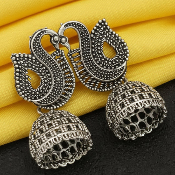 Oxidized Silver Peacock Jhumka Earrings for Women with Intricate Carving – Traditional Ethnic Jewellery for Festive & Casual Wear.