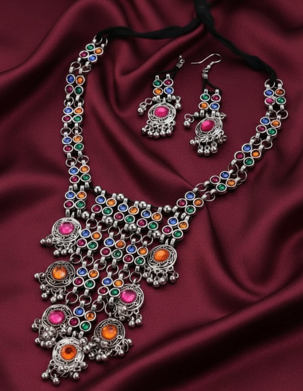 Antique Oxidized Silver Multicolour Choker Necklace Set with Earrings for Women – Boho Tribal Jewellery for Special Occasions.