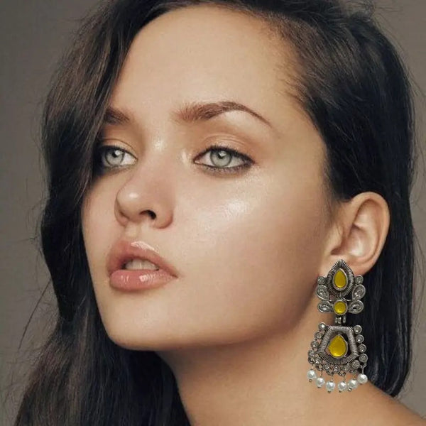 Oxidized Silver Yellow Stone Dangle Earrings for Women – Traditional Ethnic Party Jewelry with Pearls and Antique Finish