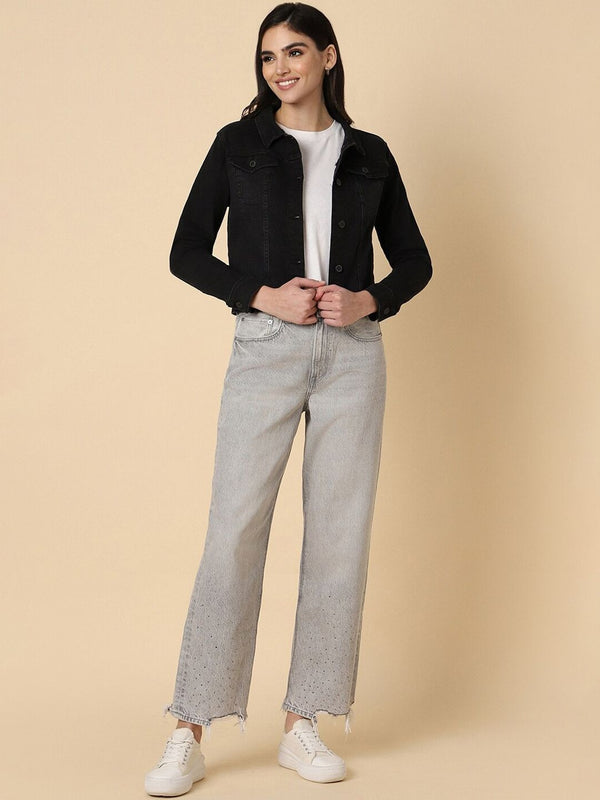 Elegant Black Cropped Denim Jacket – Fashionable Casual Outerwear for Women