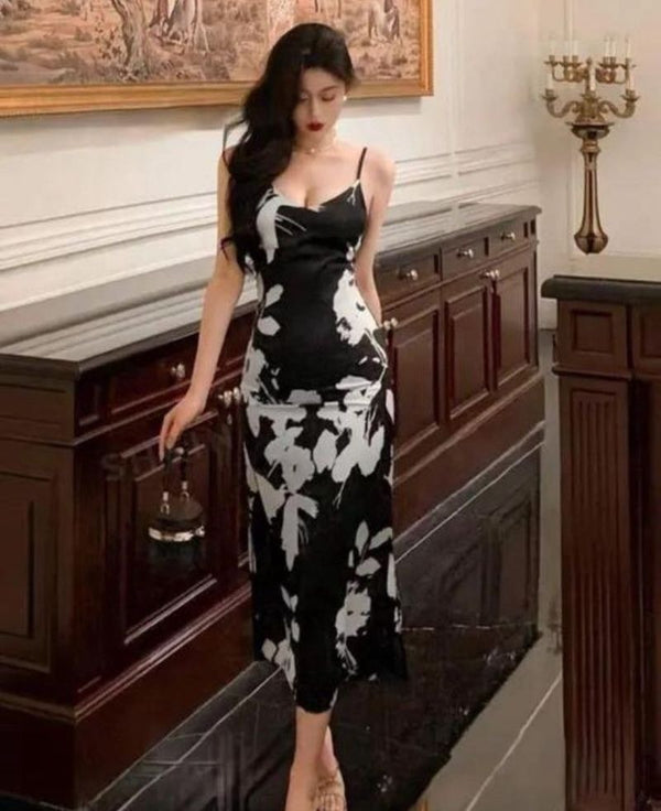 Women’s Black & White Floral Print Spaghetti Strap Bodycon Midi Dress