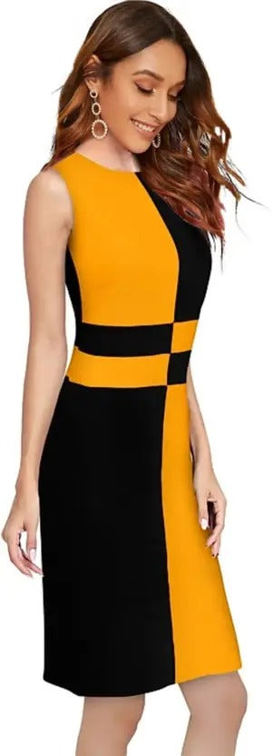 Women’s Yellow & Black Colorblock Sleeveless Bodycon Midi Dress