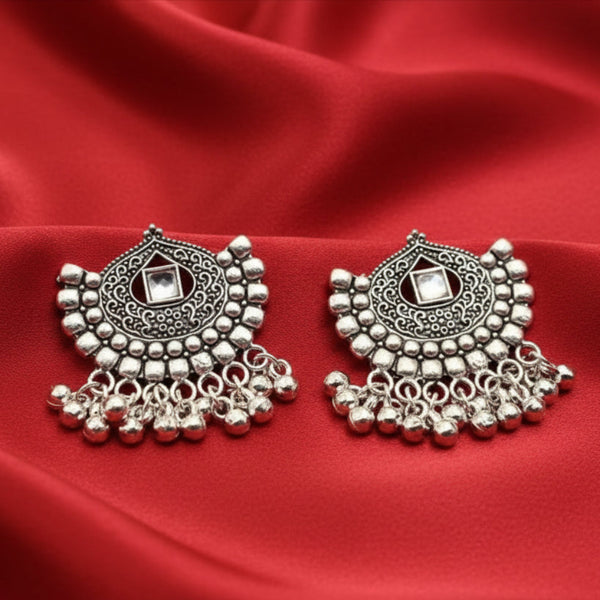 Traditional Oxidised Silver Jhumka Chandbali Earrings for Women & Girls, Statement Ethnic Dangler with Mirror Detailing.