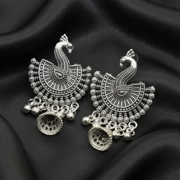 Vintage Oxidised Silver Peacock Earrings | Traditional Indian Ethnic Jewellery with Dangling Ghungroo Beads