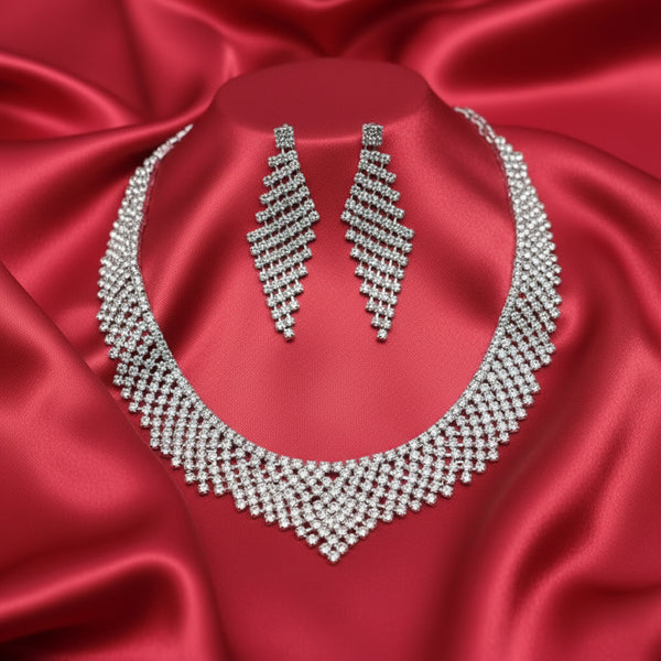 Silver Crystal Choker Necklace Set for Women – Elegant Rhinestone Jewelry with Long Dangle Earrings