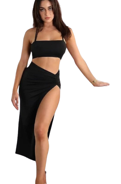 Women's Sexy Black Cutout Midi Dress with High Side Slit - Sleeveless Bodycon Party Cocktail Dress