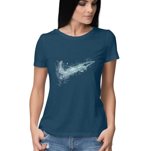 Water Swoosh Tick Graphic Print Half Sleeve Cotton T-Shirt for Women - GottaGo.in