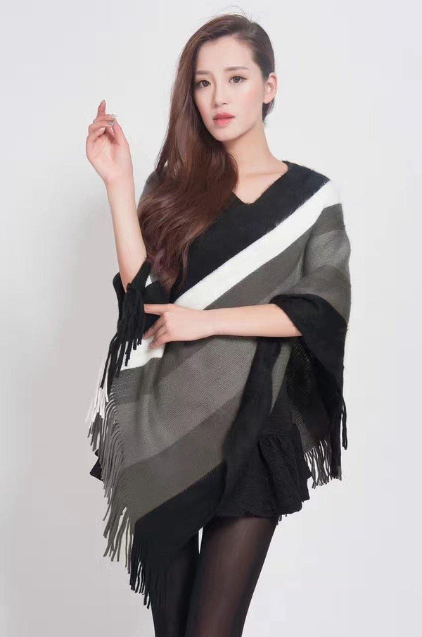 Manra Women Knitted Cape Poncho - Black, White & Grey Strips with Fringe - GottaGo.in