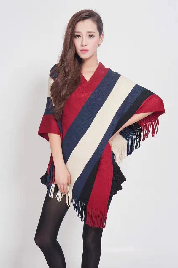 Manra Women Knitted Cape Poncho - Maroon, Blue & White Strips with Fringe - GottaGo.in