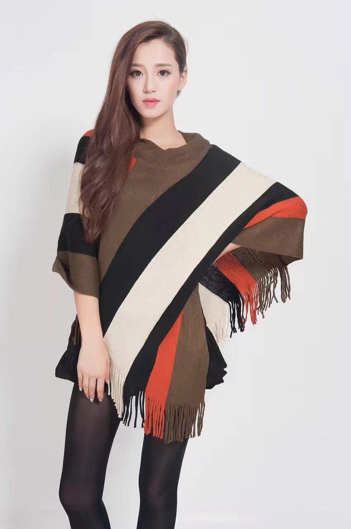 Manra Women Knitted Cape Poncho - Orange, Black & Brown Strips with Fringe - GottaGo.in