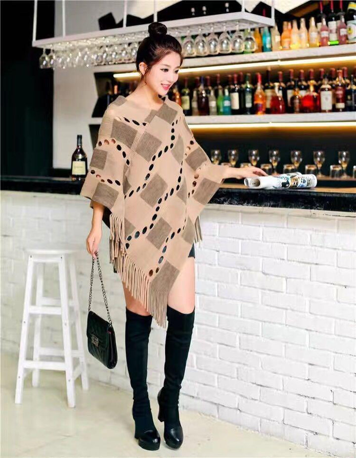 Manra Women Knitted Cape Poncho - Brown Checks with Fringe - GottaGo.in