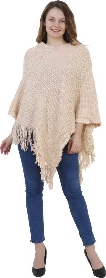 Manra Women Pure Wool Knitted Cape Poncho in Beige Colour - GottaGo.in