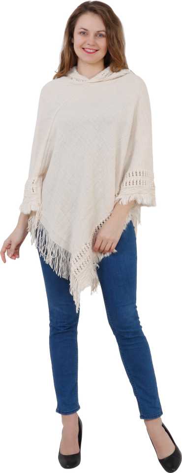 Manra Women Pure Wool Knitted Border Cape Poncho in White Colour - GottaGo.in