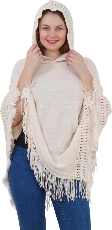 Manra Women Pure Wool Knitted Border Cape Poncho in White Colour - GottaGo.in