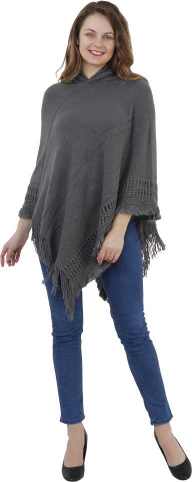 Manra Women Pure Wool Knitted Border Cape Poncho in Grey Colour - GottaGo.in