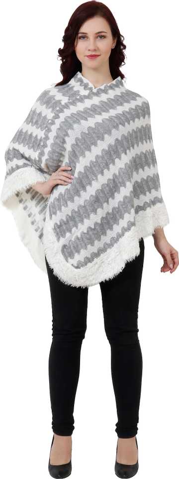 Manra Women Pure Wool Knitted Poncho in White-Grey Strips - GottaGo.in