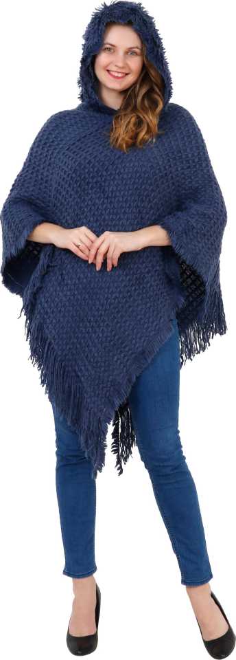 Manra Women Pure Wool Knitted Cape Poncho in Navy Blue Colour - GottaGo.in