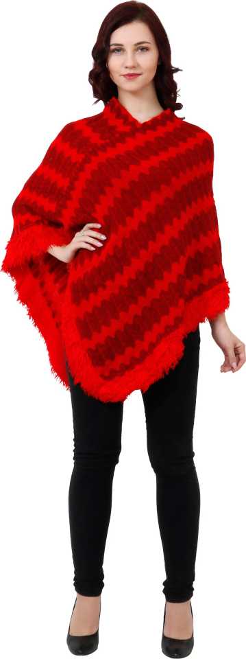 Manra Women Pure Wool Knitted Poncho in Red-Maroon Strips - GottaGo.in