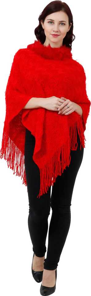 Manra Women Pure Wool Knitted Poncho in Red Colour - GottaGo.in