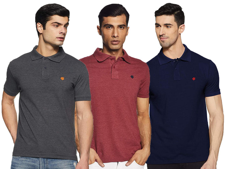 ONN Men's Cotton Polo T-Shirt (Pack of 3) in Solid Airforce Blue-Black Melange-Wine colours - GottaGo.in