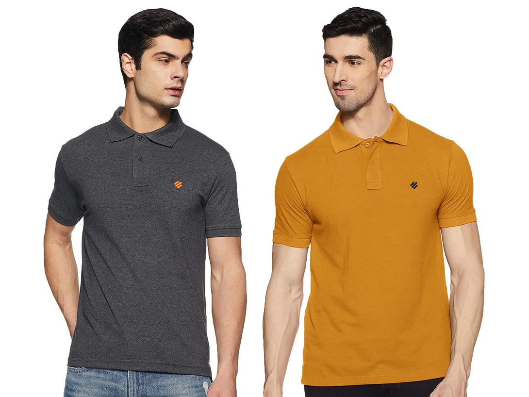 ONN Men's Cotton Polo T-Shirt (Pack of 2) in Solid Black Melange-Mustard colours - GottaGo.in